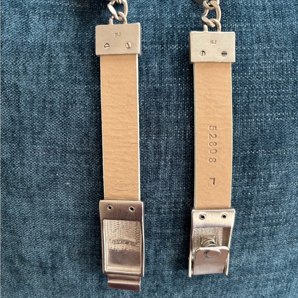 St. John Designer Snakeskin Italian Leather Skinny Belt Size Large Silver Cream - Picture 9 of 16